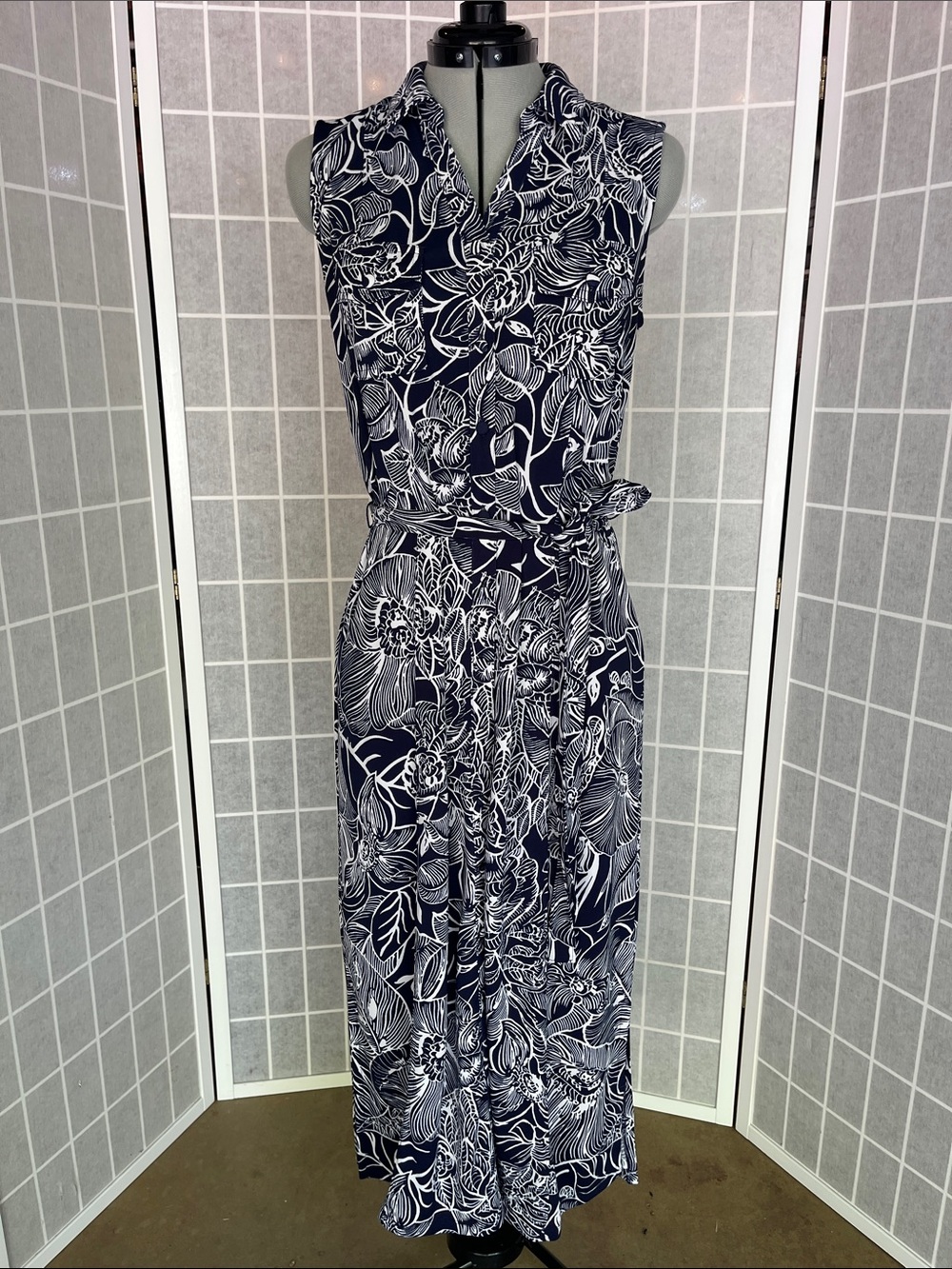 Talbots Navy & White Floral Sleeveless Maxi Wrap Dress - Lp - EUC